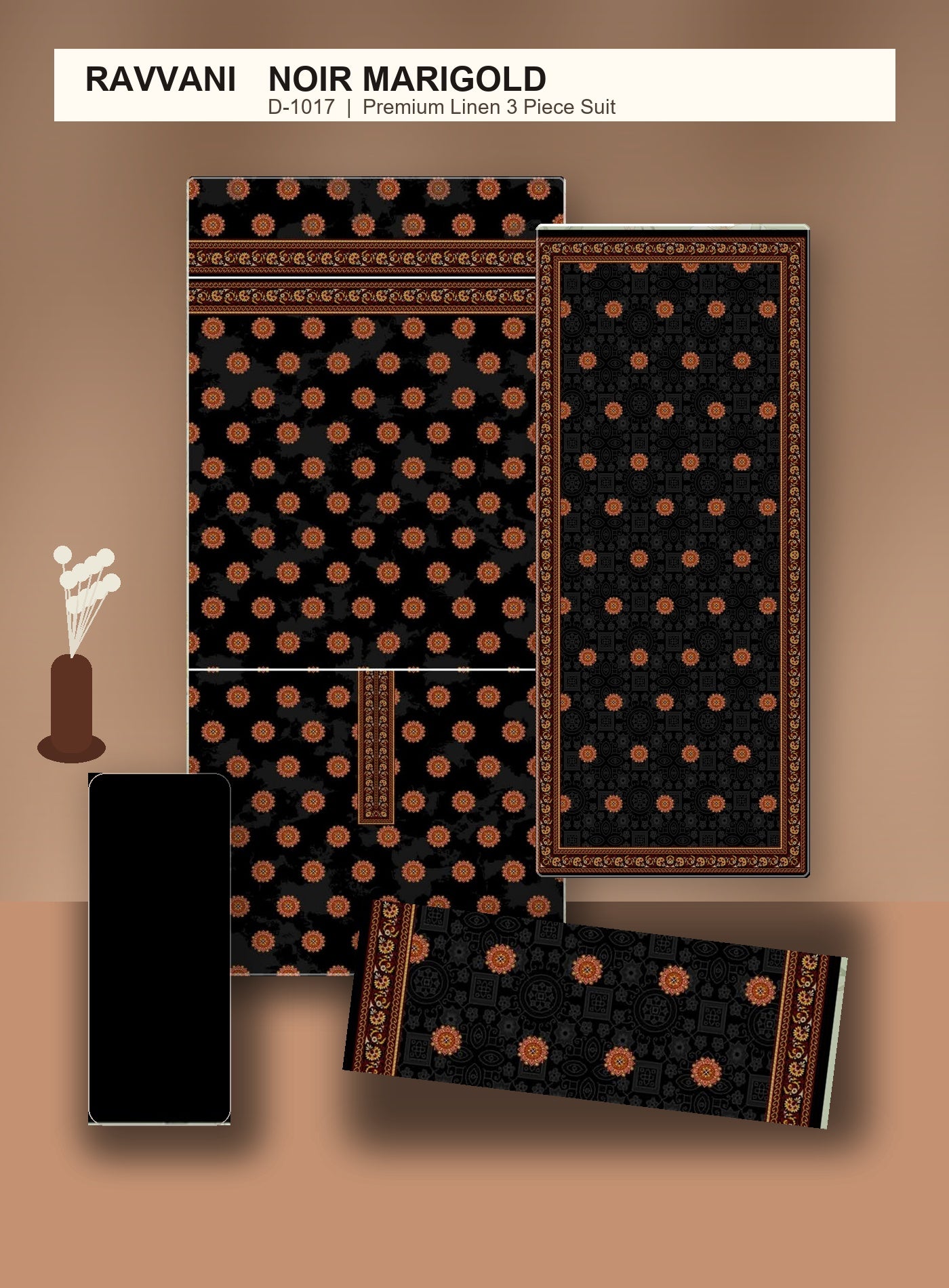 Noir Marigold D-1017 unstitched fabric layout