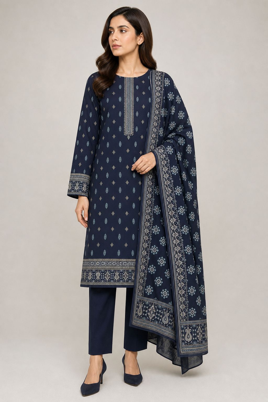 Indigo Paisley - D-1019 Premium Linen 3 Piece Suit