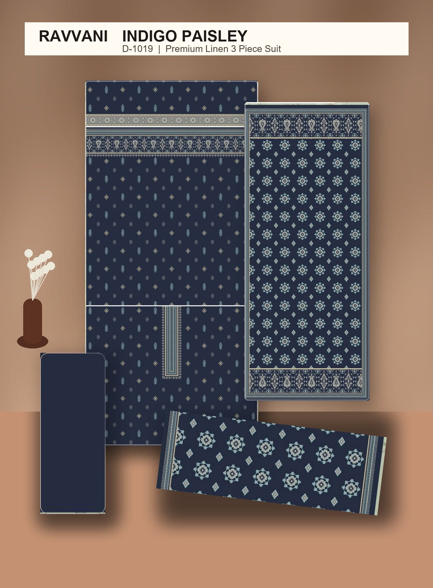 Indigo Paisley D-1019 unstitched fabric layout
