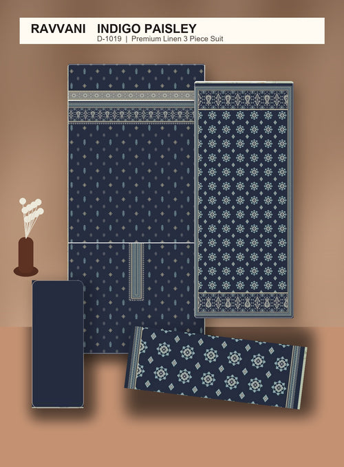 Indigo Paisley D-1019 unstitched fabric layout