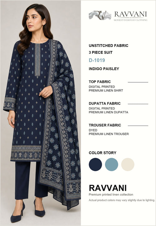 Indigo Paisley D-1019 design card and fabric details