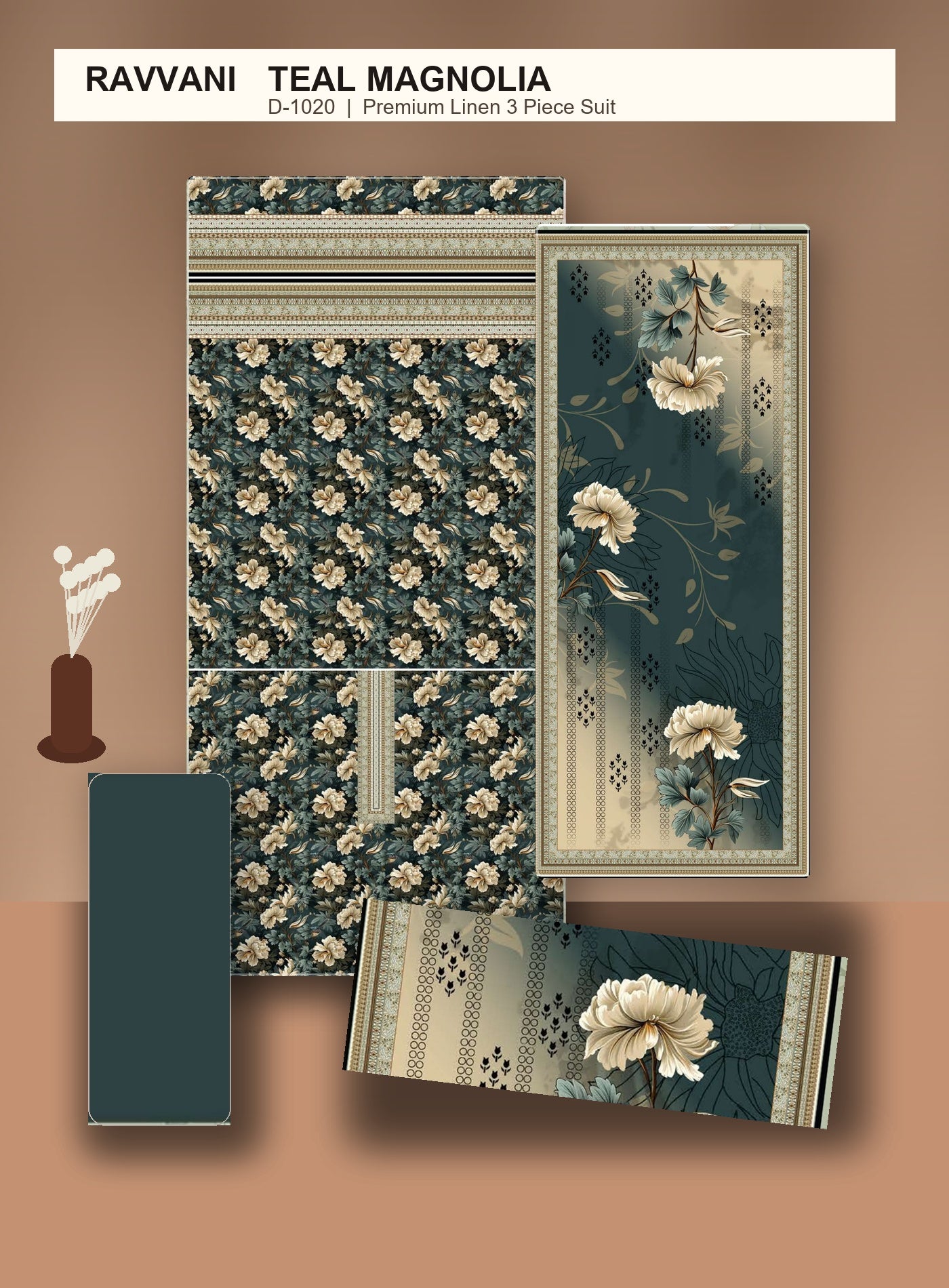 Teal Magnolia D-1020 unstitched fabric layout